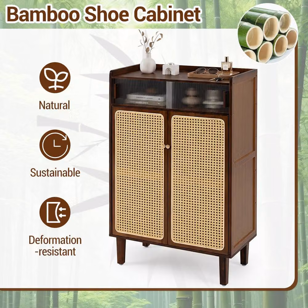 Gymax Bamboo Freestanding Shoe Cabinet with Rattan Sliding Doors in Brown – 9