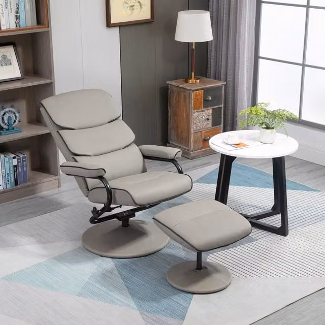 HOMCOM Grey Swivel Recliner and Ottoman Set with Synthetic Leather and Metal Frame