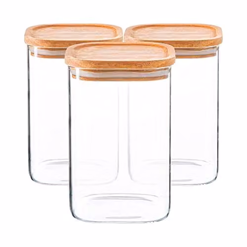 Argon Tableware Set of 3 Square Glass Storage Jars with Airtight Wooden Lids, 1.1 l, Transparent – 1