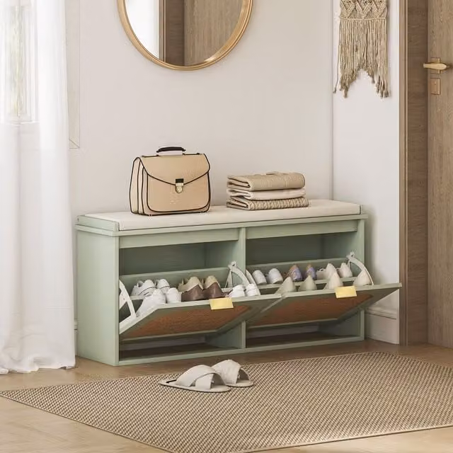 HOMCOM Boho Shoe Bench with Padded Fabric Seat and 2 Rattan Flip-Drawers in Light Green