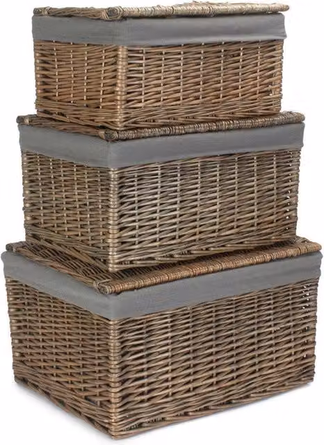 Red Hamper Set of 3 Small Antique Wash Cotton Lined Storage Baskets in Grey and Red, W/D/H: 37.0 x 25.0 x 19.0 cm – 1
