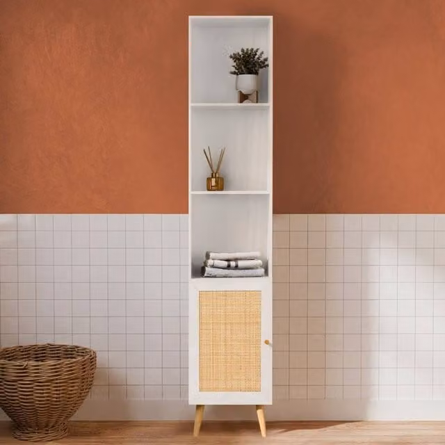 sweeek Boho White Bathroom Storage Column with Rattan Wood Details and Internal Shelves – 1