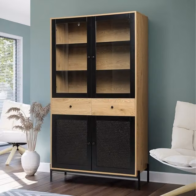 Komore Modern Wooden Side Cabinet with Rattan and Glass Doors in Black and Brown