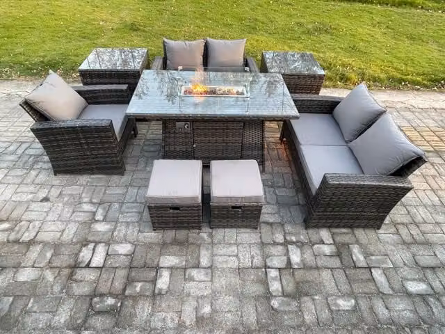 Fimous 7 Seater Grey Rattan Outdoor Garden Furniture Set with Gas Fire Pit Table, Love Sofa, Armchair, 2 Small Footstools and 2 Side Tables