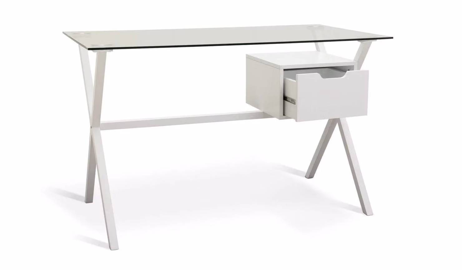 Dria Modern White Writing Desk with Single Pedestal and Glass Top W/D/H: 120 x 65 x 75 cm