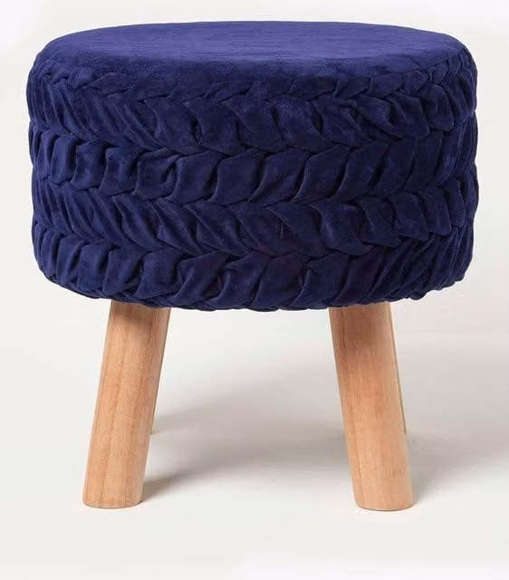 Homescapes Lyla Pleated Velvet Footstool in Blue – 1