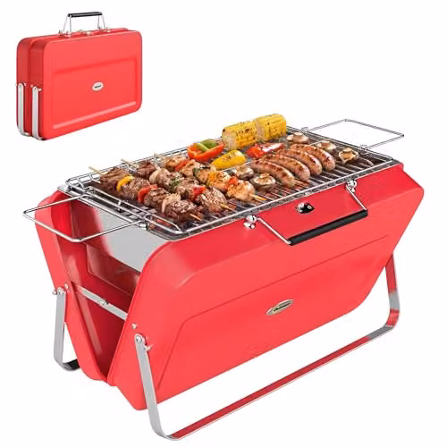 Outsunny Portable Mini Charcoal Tabletop Barbecue Grill with Suitcase Shell, Red, W/D/H: 30 x 30 x 28 cm – 1
