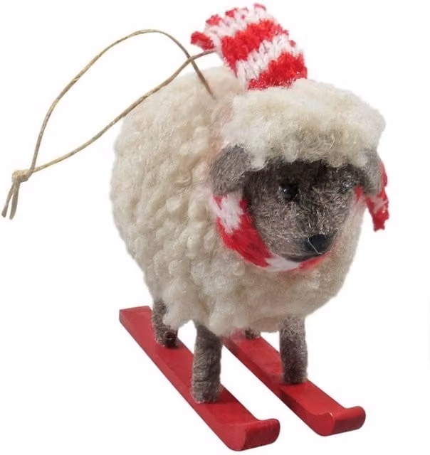 KDMD Felt Sheep on Skis Hanging Decoration, White and Multicolour, 9 cm