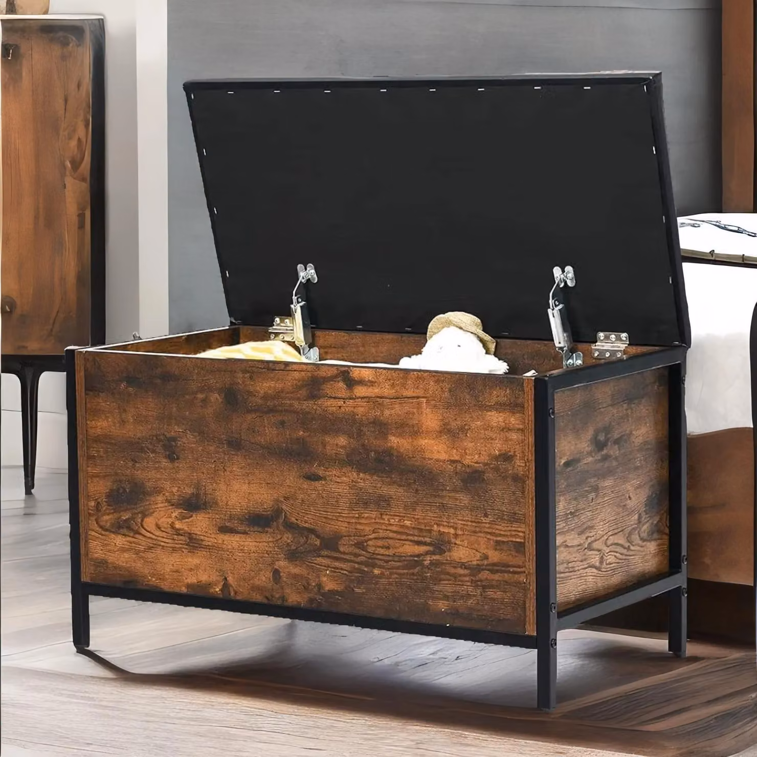 Rafaelo Mobilia Industrial Rustic Brown Shoe Storage Bench with Cushioned Synthetic Leather Seat and Hidden Storage – 2