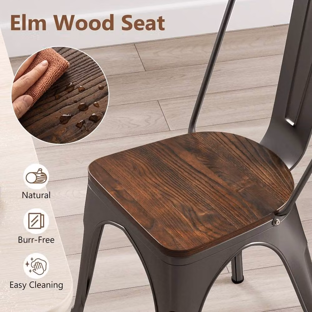 KORVIXA Set of 4 Stackable Industrial Metal and Wood Dining Chairs in Brown – 3