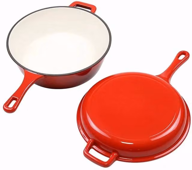 FLAVORA 2-in-1 Enamelled Cast Iron Pot and Skillet with Lid, Red