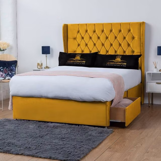 UK Bed Furniture Mary Wingback Divan Bed with 2 Drawers and 54 Inch Headboard in Yellow Velvet, Size: King (W/D: 180 x 200 cm)