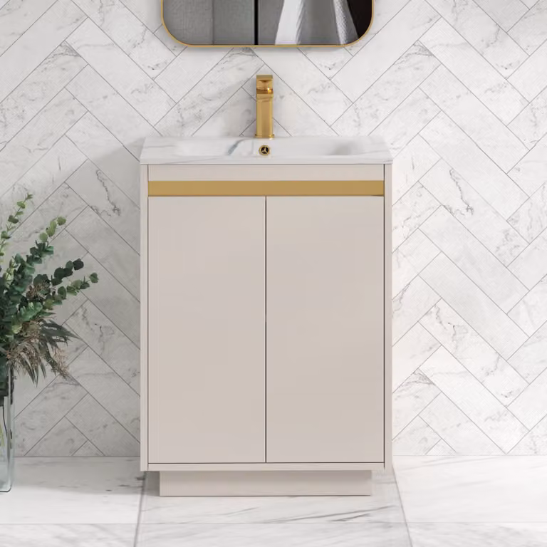 Royal Bathrooms Orion 600mm Floor Standing 2 Door Vanity Unit in Warm Taupe with Carrara White Basin and Brushed Brass Accent Trim