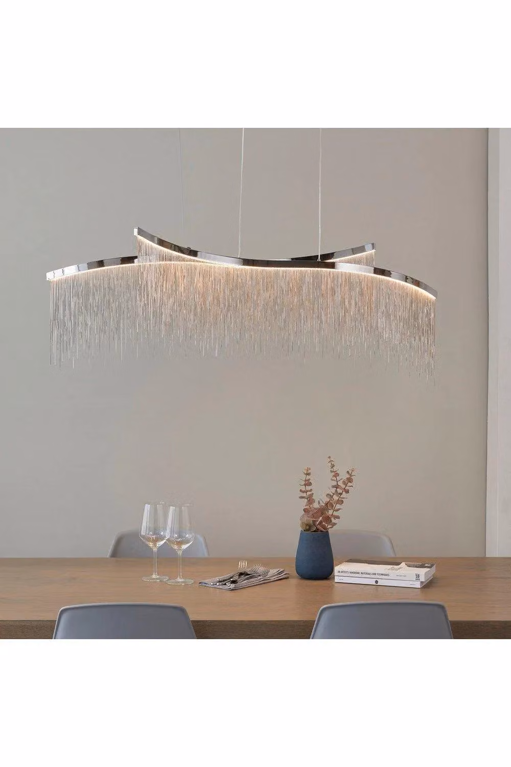 Netlighting Orphelia LED Curve Twin Bar Pendant Light in Polished Chrome and Grey with Warm White Waterfall Effect – 2
