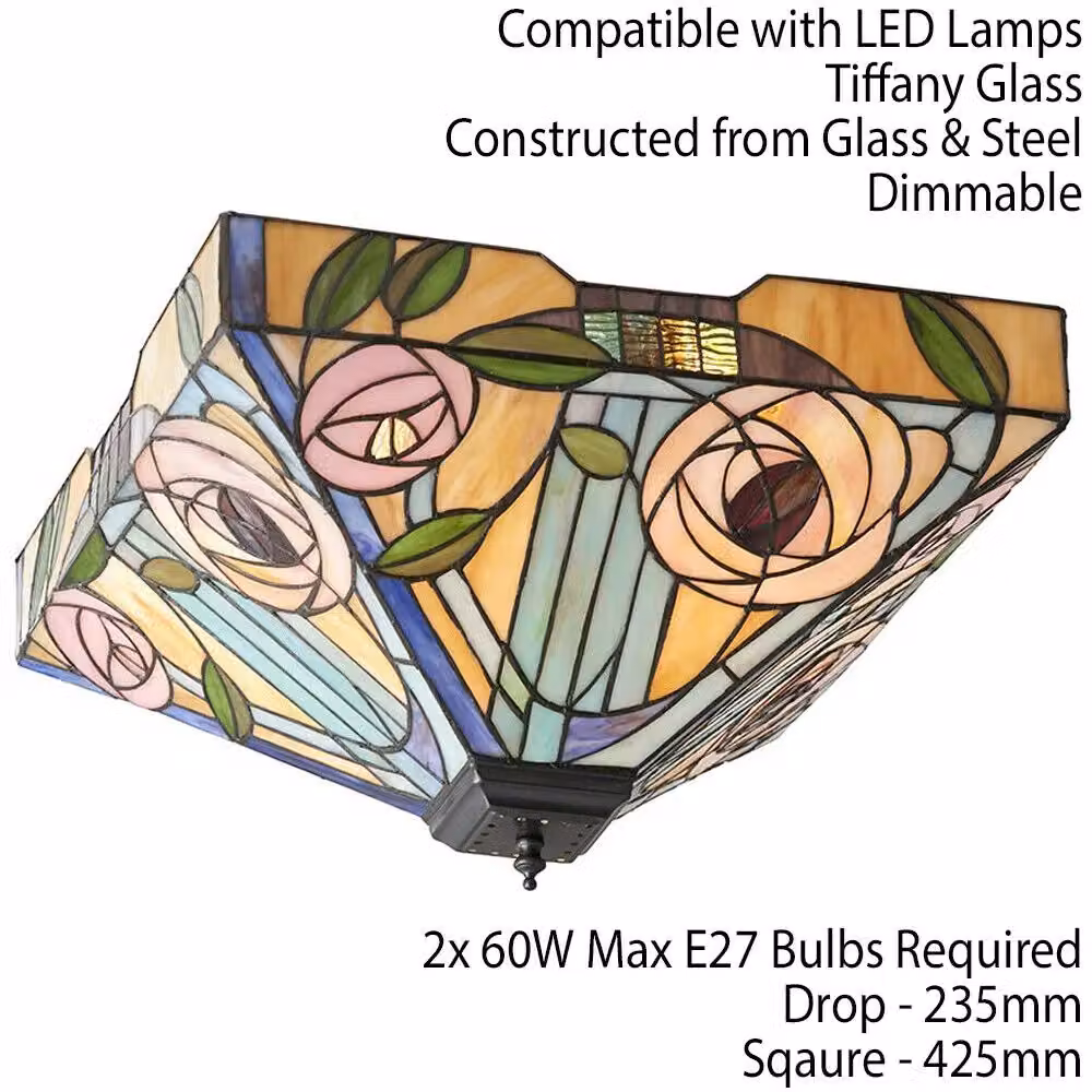 Loops Tiffany Glass Semi Flush Ceiling Light with Pink Rose Inverted Square Shade in Multicolour and Bronze – 2