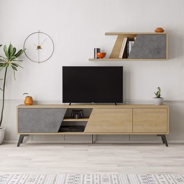 Decortie Modern Multimedia TV Unit with Media Compartments and Cable Management in Grey and Oak