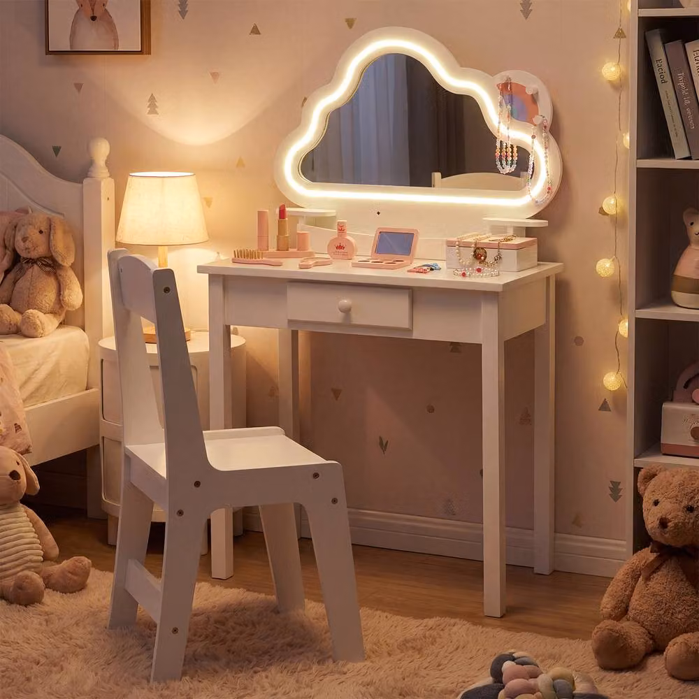CASART Kids Vanity Set in White with LED Cloud Mirror and Jewelry Rack – 3