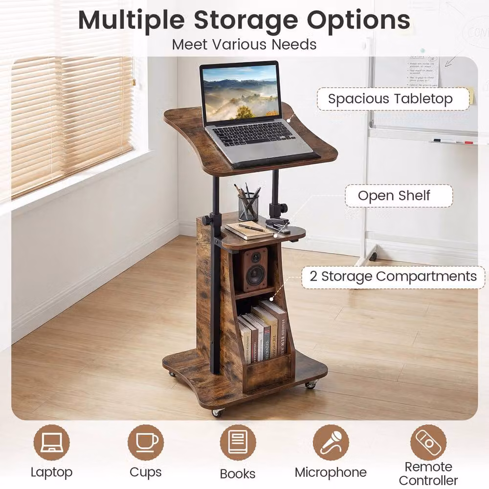Gymax Height Adjustable Rolling Podium Stand with Tilting Top in Rustic Brown – 8