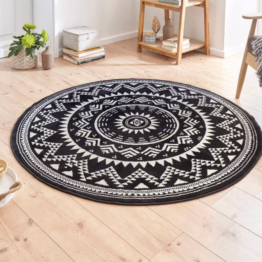 THE RUGS Round Mandala Velour Area Rug in Black, Diameter: 140 cm – 3