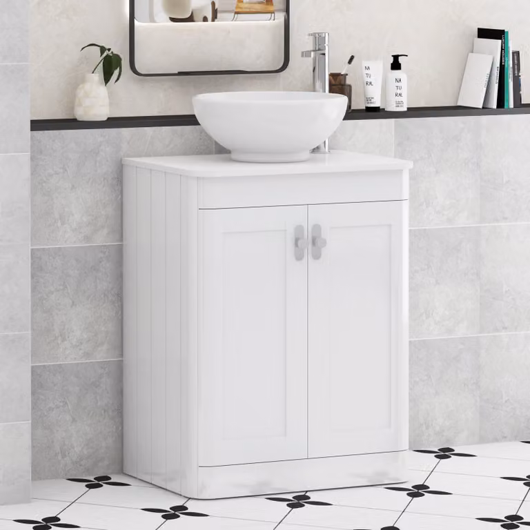Royal Bathrooms Henley 600mm Gloss White Floor Standing 2 Door Vanity Unit with Breeze Basin and Chrome Knob