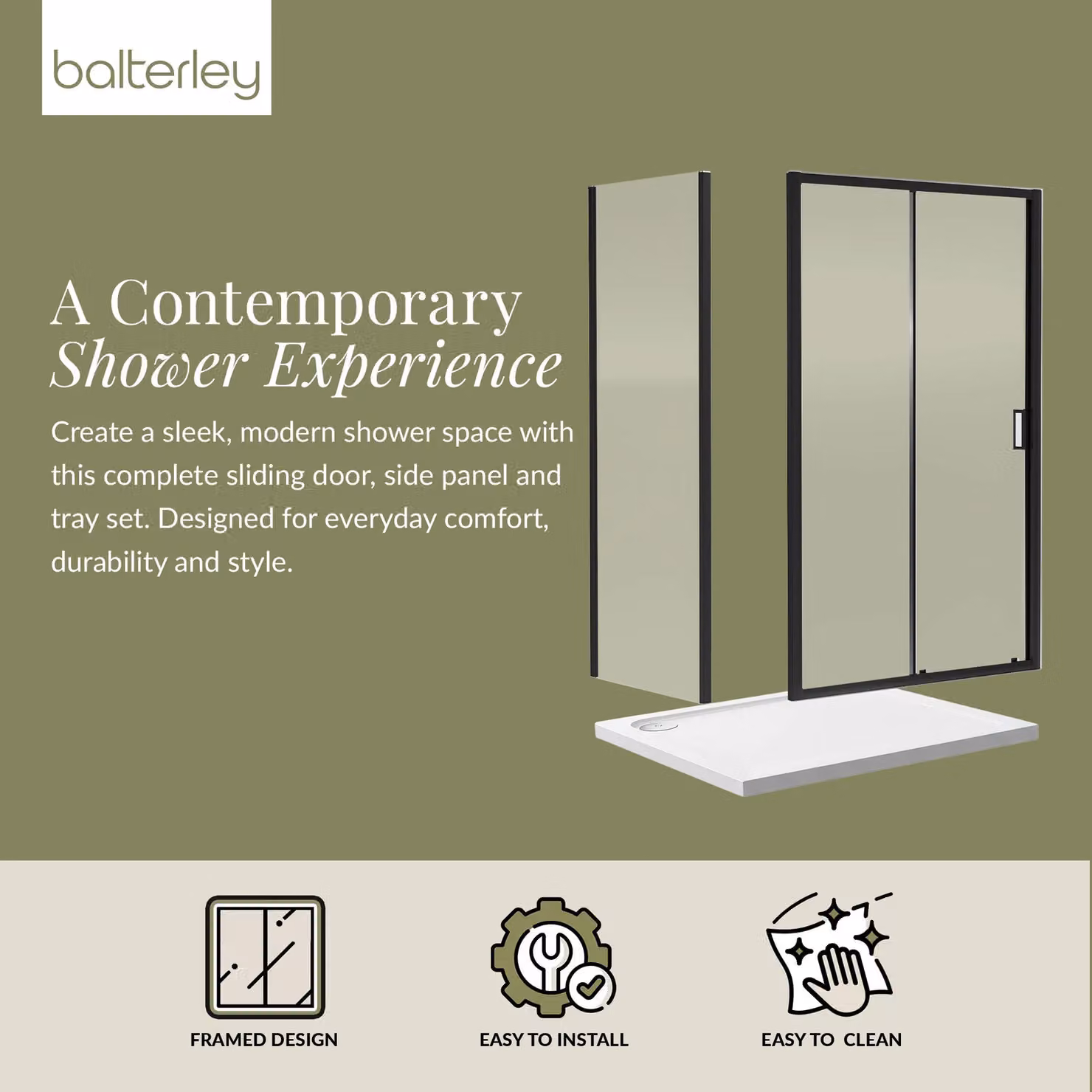 Balterley Ruwa Sliding Corner Shower Suite with 6mm Glass Tray and Door Panel, Black, W: 1000 mm, D: 700 mm – 2