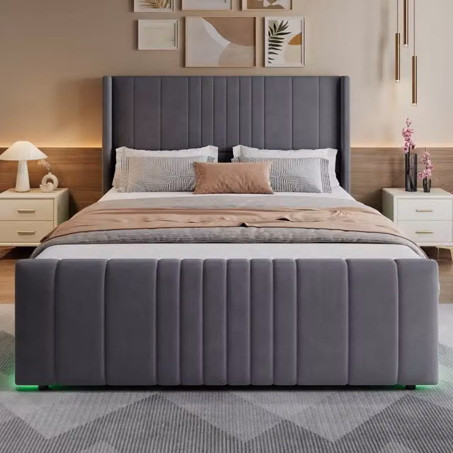 Merax Double Velvet Ottoman Storage Bed with LED Lighting, Grey, W/D/H: 140 x 200 x 121 cm