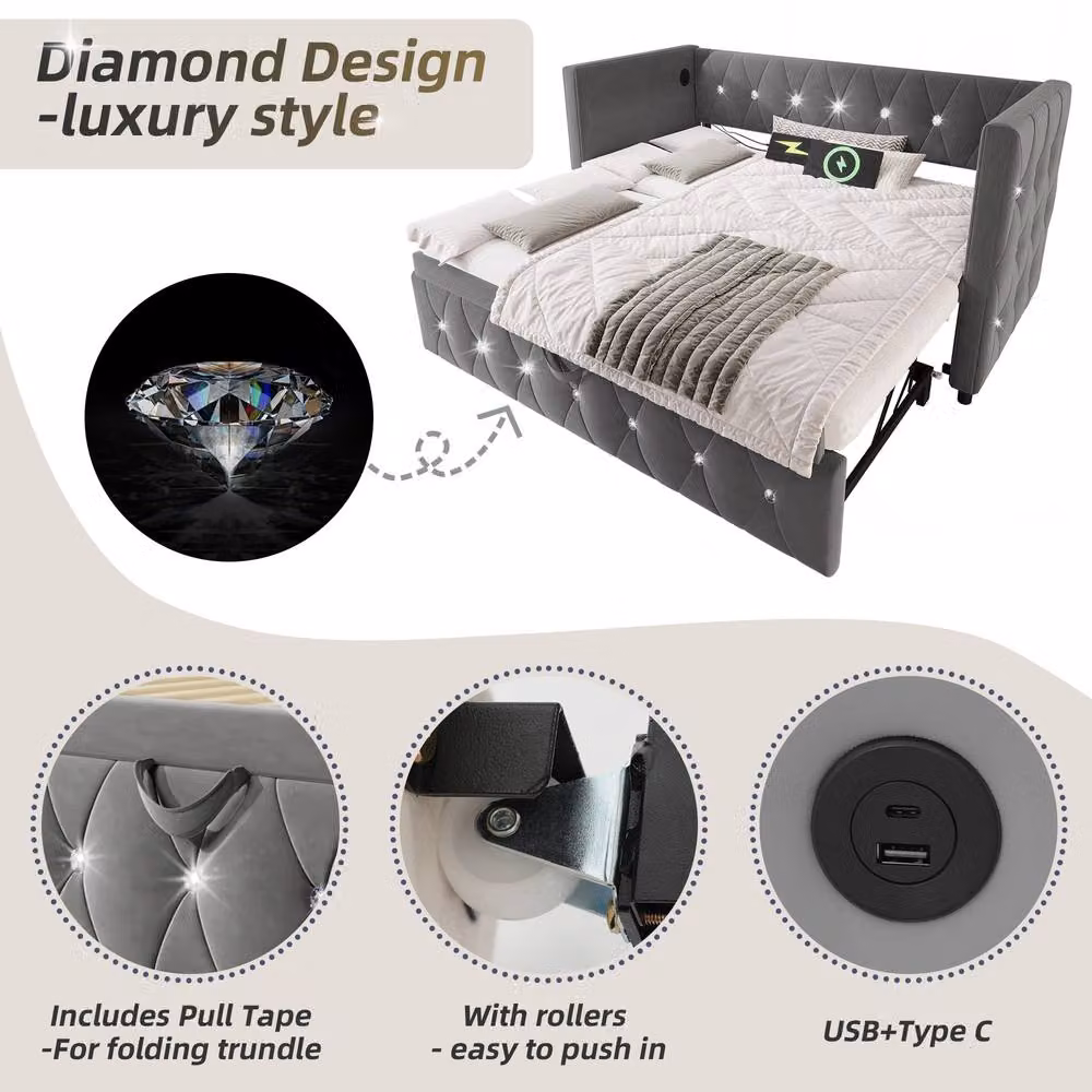 Rolipo Grey Velvet Single Daybed with USB Charging Station and Trundle, W/D/H: 200 x 90 x 76 cm – 4