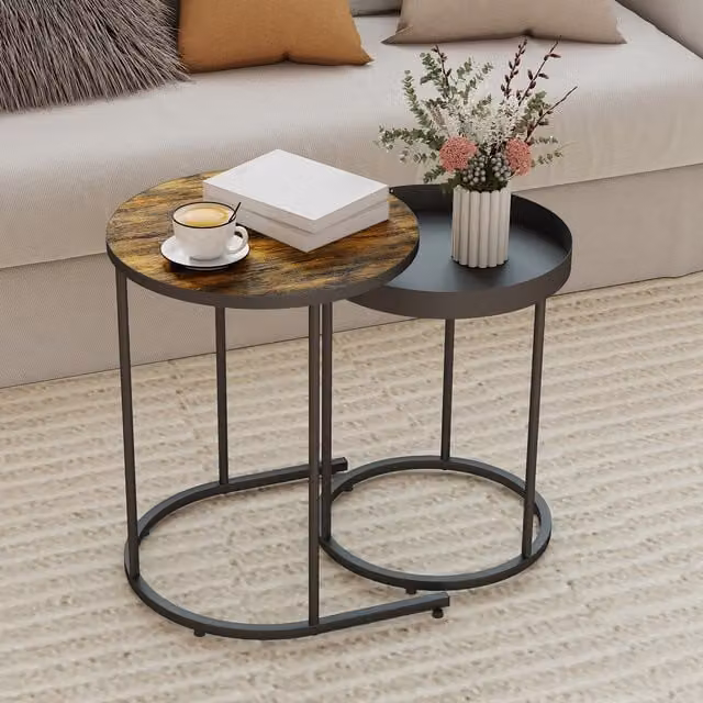 HOMCOM Nesting Side Table Set of 2 with Round Wood Tops in Rustic Brown