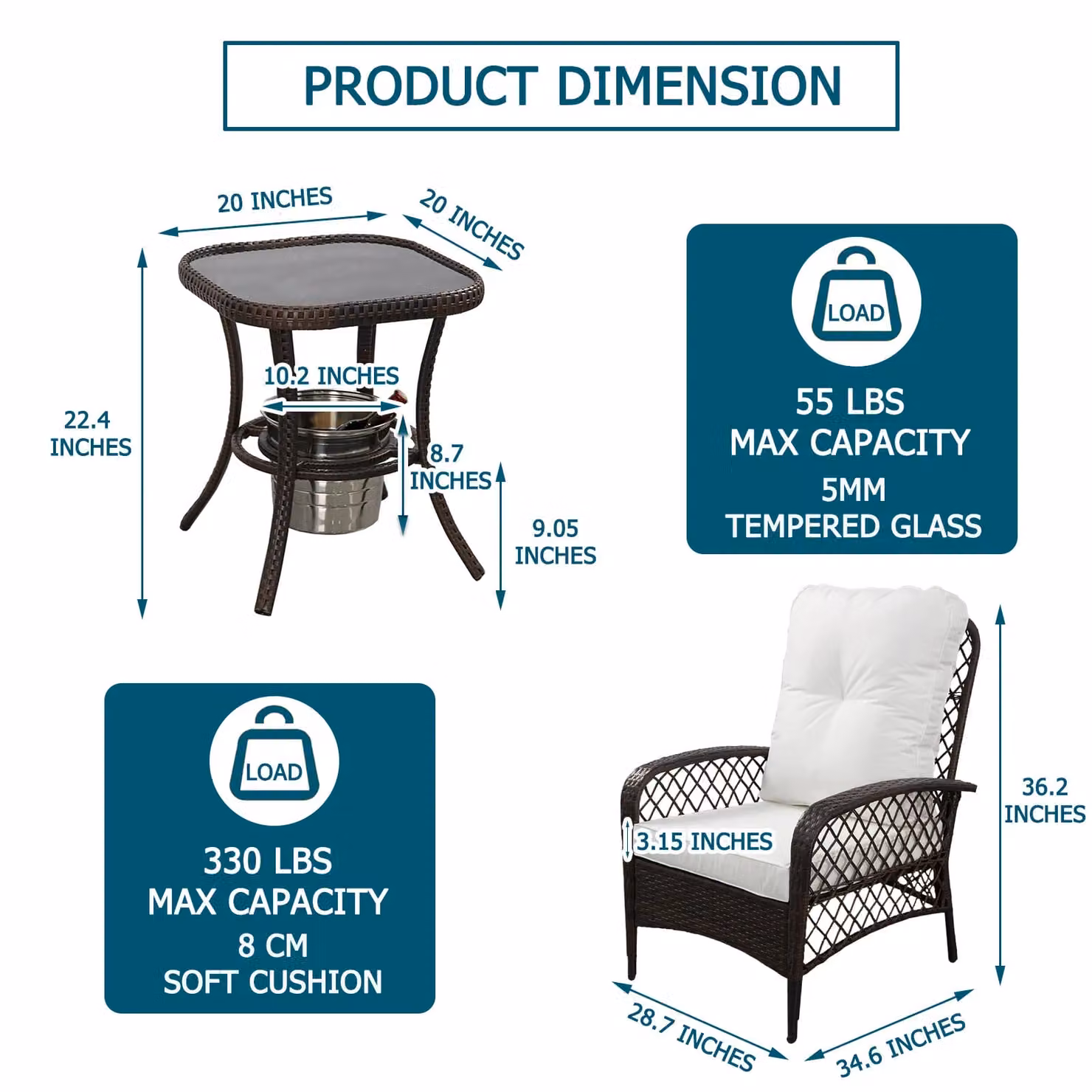 FURNITURE ONE 3 Piece Brown Garden Bistro Set with Glass Table and Ice Bucket – 5