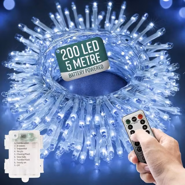 Globrite 200 LED Cool White Battery-Operated Copper String Fairy Lights with Remote Control and Timer