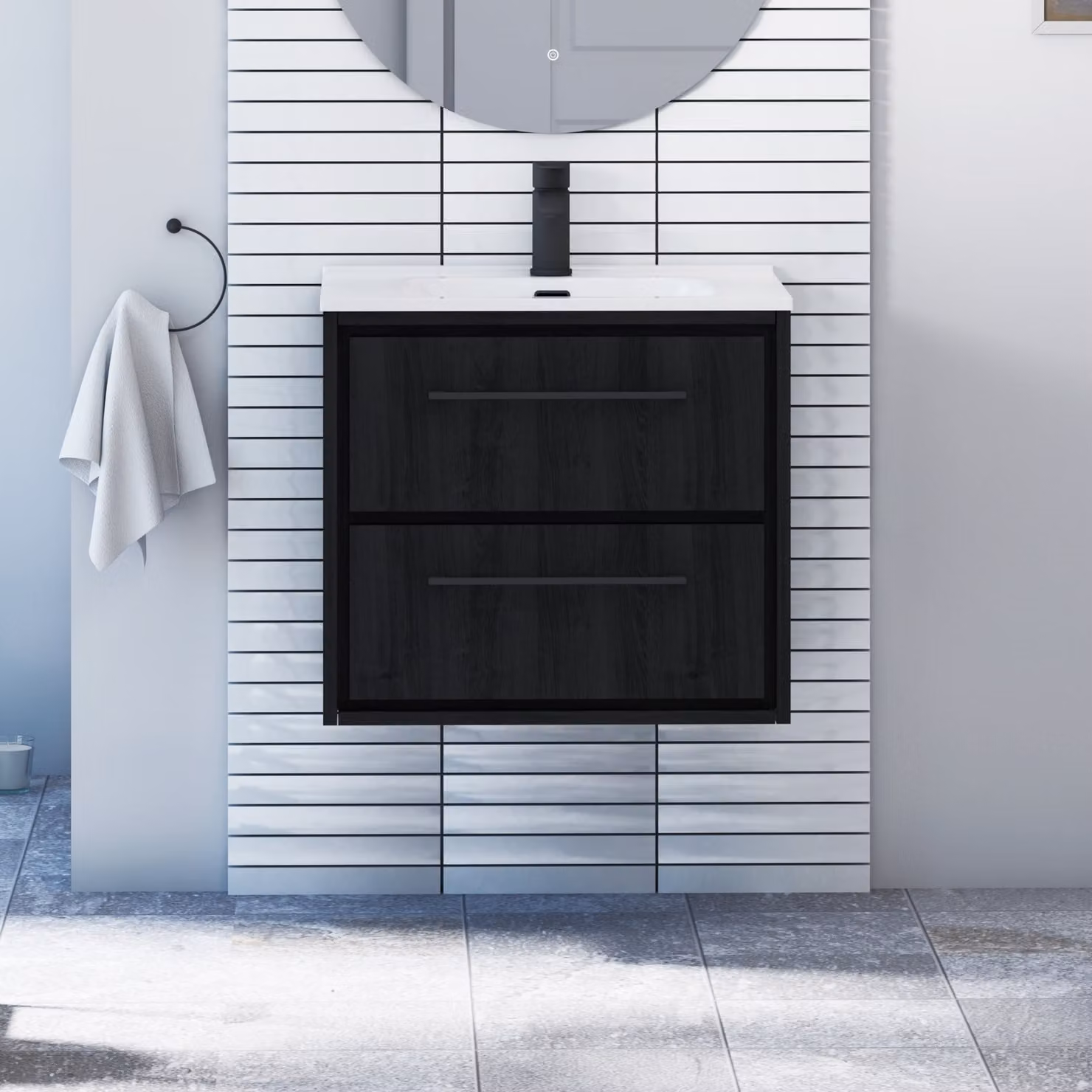 Livora Black Woodgrain Wall Hung Vanity Unit with 2 Drawers, Ceramic Basin and Matt Black Handle, Width: 60 cm