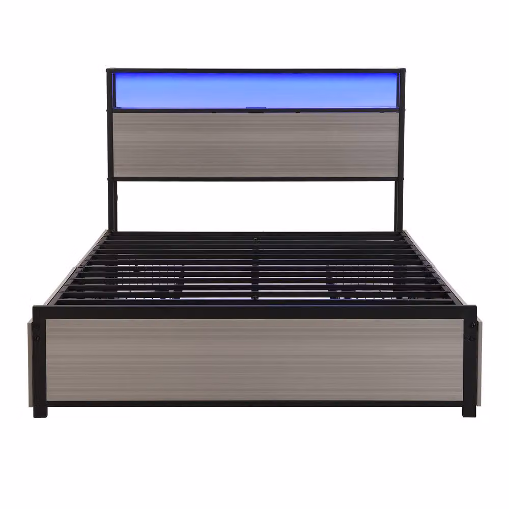 ModernLuxe Metal Double Bed in Grey with LED Strip, USB Charging Port and 4 Storage Drawers, W/D/H: 140 x 190 x 105 cm – 8