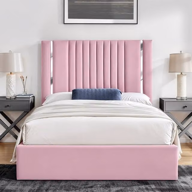 UK Bed Furniture Valencia Gas Lift Storage Upholstered Velvet Bed in Pink, W/D: 140 x 200 cm