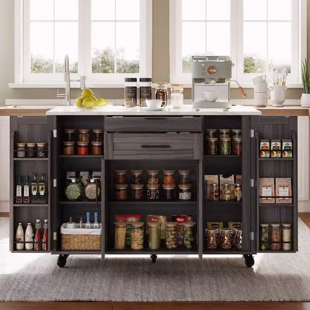 Merax Rolling Kitchen Island Trolley with Foldable Worktop in Grey, W/D/H: 120 x 45 x 92 cm – 1