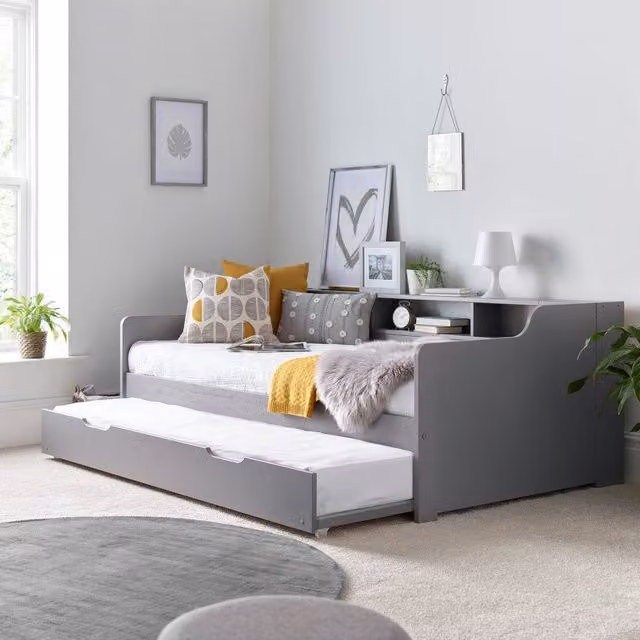Rest Relax Trent Solid Pine Wooden Single Guest Bed with Trundle and Side Compartments in Grey and White, W/D/H: 90 x 190 cm