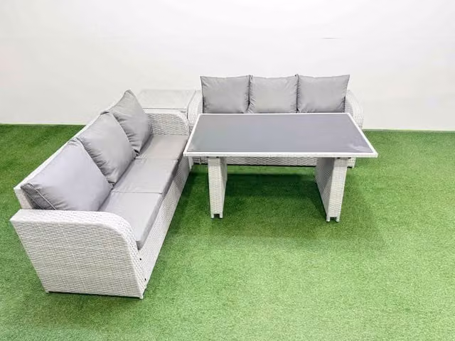 Fimous 6 Seater Rattan Outdoor Dining Set with Side Table in Light Grey