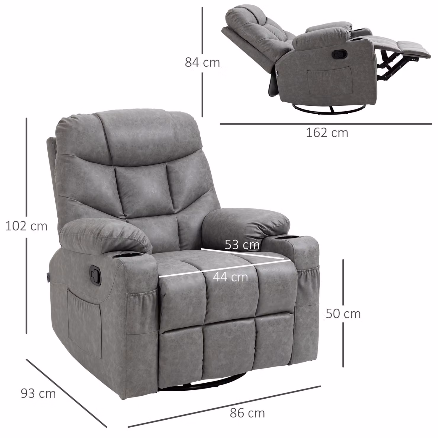 HOMCOM Manual Reclining Armchair in Grey Faux Leather with Footrest and Cup Holders, H 102 x W 86 x D 93 cm – 3