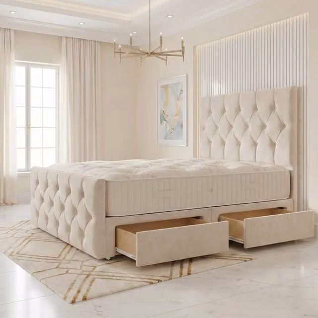 Somnior Ziggy Velvet Divan Bed with 2 Drawers, 54 inch Headboard and 22 inch Footboard, Ivory, W/D/H: 120 x 200 cm