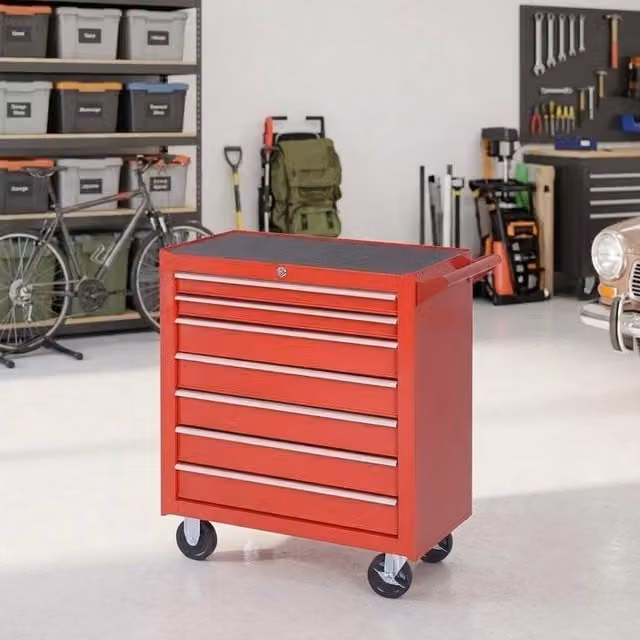 STILVORA 7 Drawer Steel Tool Chest Trolley with Lockable Wheels, Red