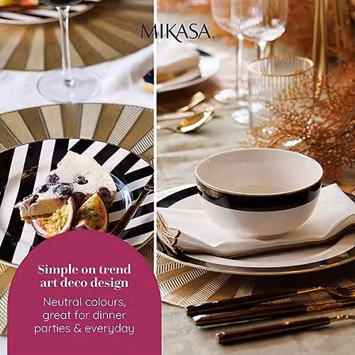 Mikasa 12-Piece Geometric Bone China Dinner Service in White, Gold and Black – 5
