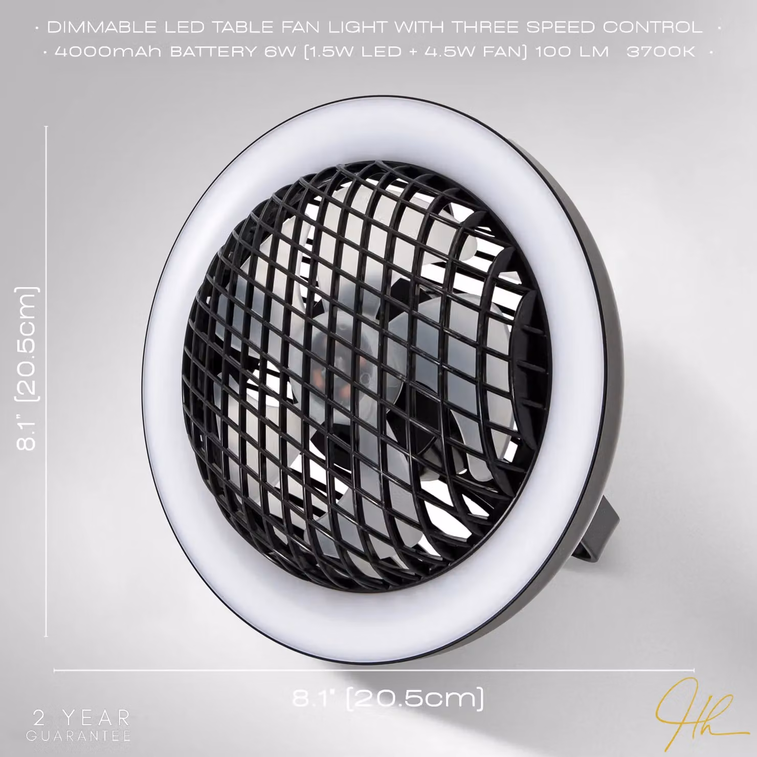 Happy Homewares Rechargeable 3 Speed Desk Fan with Dimmable LED Halo Ring Light in Black – 5