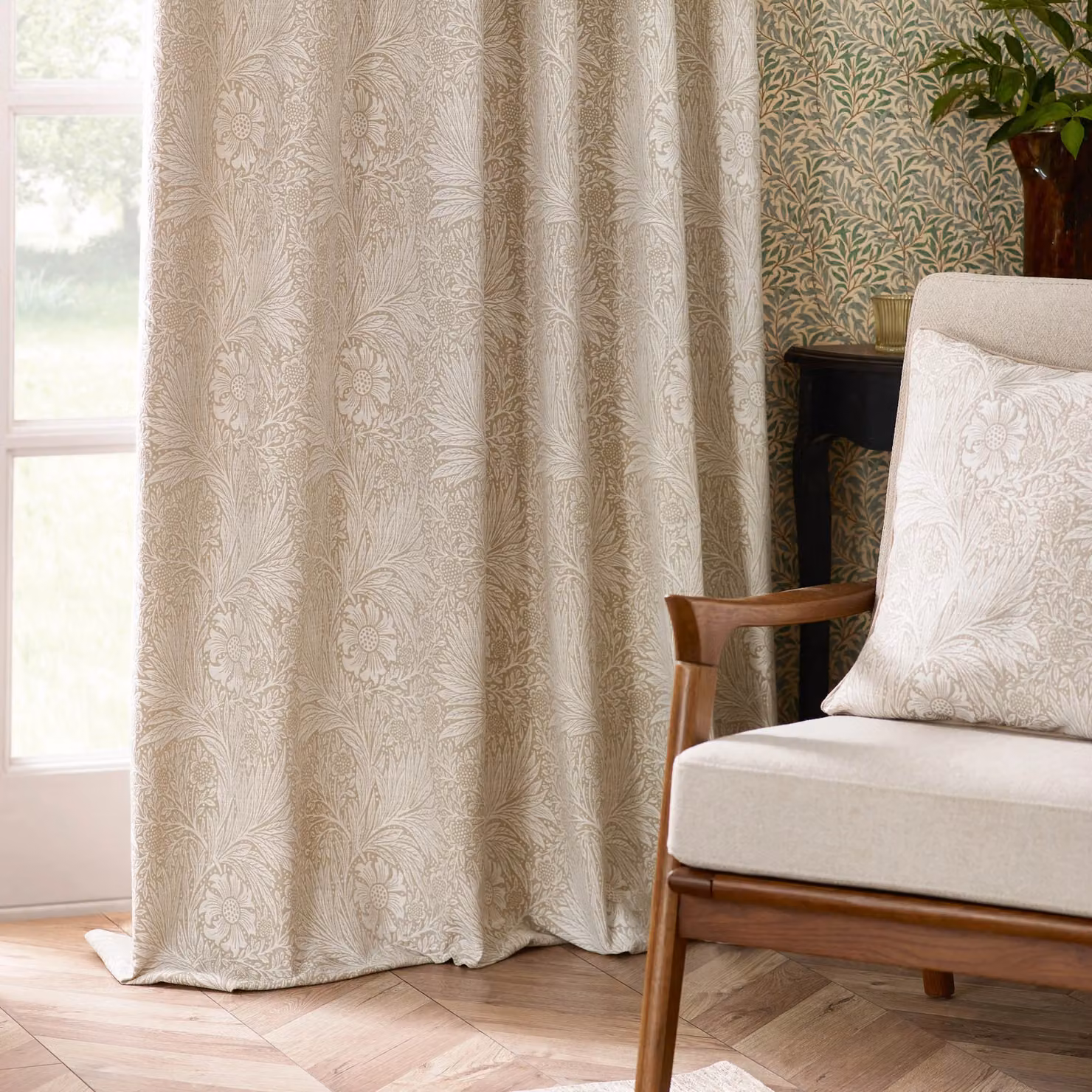 Morris & Co. Marigold Jacquard Floral Pencil Pleat Curtains, Beige, Width: 168 cm, Drop: 137 cm – 3