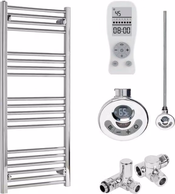 SolAire Steel Towel Rail with Thermostat, Silver, Height: 120 cm