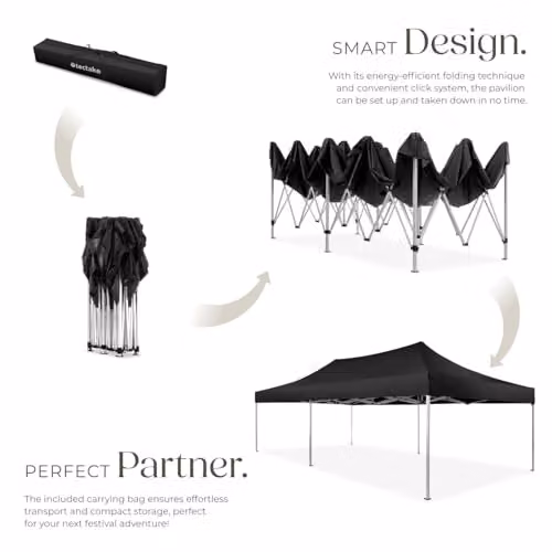 tectake Folding Pop Up Gazebo with Aluminium Frame and 4 Sidewalls with Windows, Black, W: 600 cm, D: 300 cm, H: 280 cm – 4
