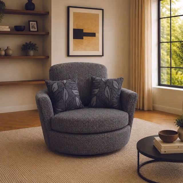 Furnishings For Less UK Byron Dundee Chenille Fabric 360 Degree Swivel Single Seater Chair in Grey
