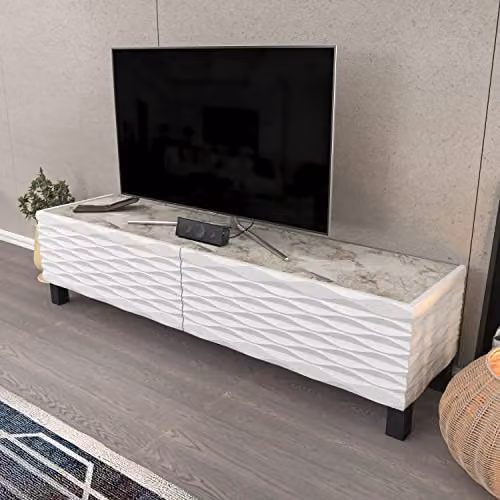 DECOROTIKA Lerze Modern TV Stand with Marble Effect Tabletop and Textured Doors, White, Width: 150 cm – 3