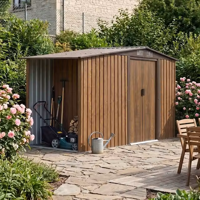Breeins Metal Garden Storage Shed with Log Store, Brown