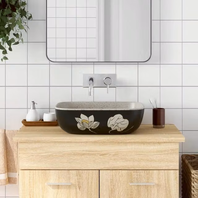 Berkfield Home Rectangular Ceramic Countertop Basin in Grey and Black, W: 48 cm, D: 37.5 cm, H: 13.5 cm – 1