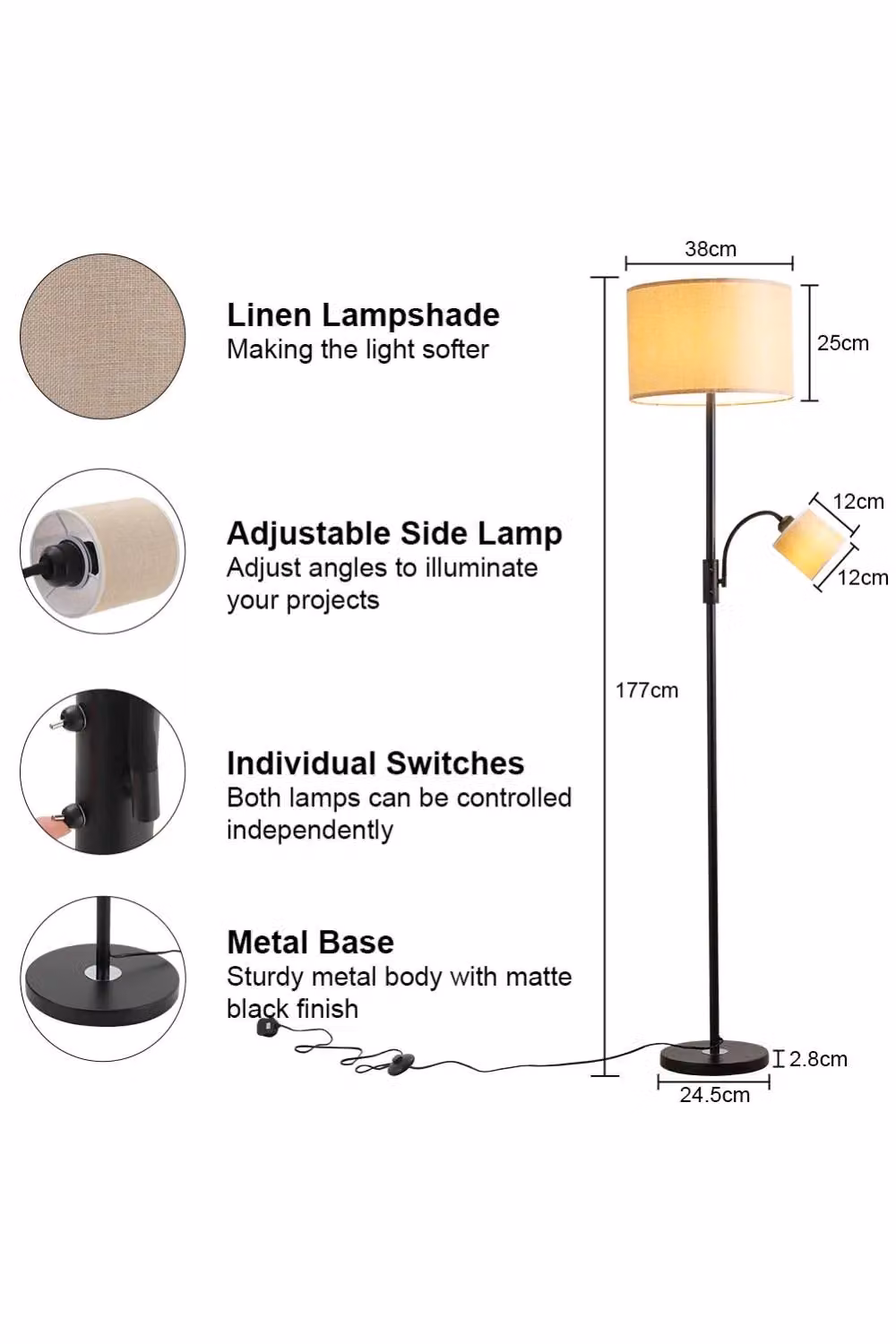 Living and Home 2 Light Adjustable Floor Lamp in Black and Multicolour with Fabric Shades – 4