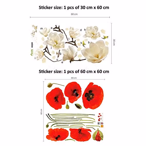 Walplus Removable Self-Adhesive Wall Stickers with White Magnolia and Red Poppy Flowers Floral Wall Mural Art for Home, Living Room, Nursery or Cafe Decoration – 3